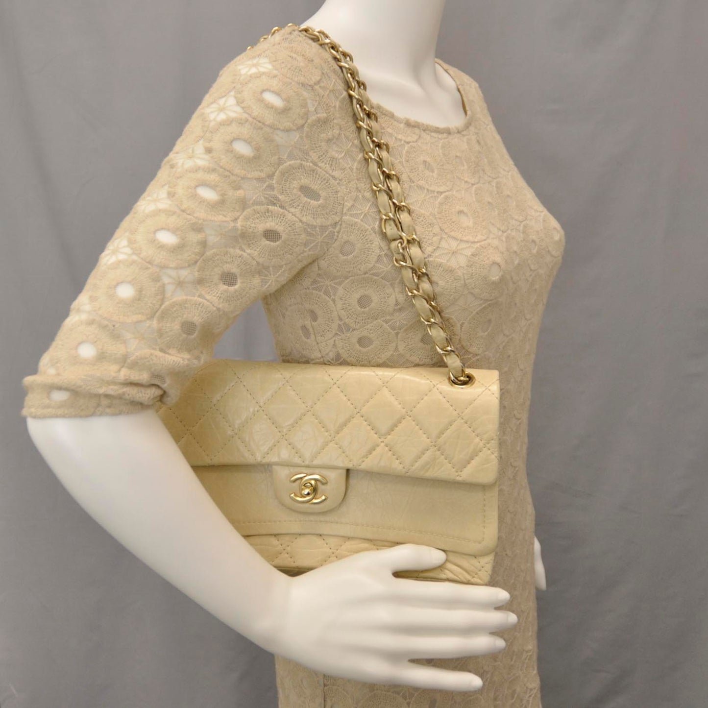 Aged Calfskin Medium Double Flap Beige