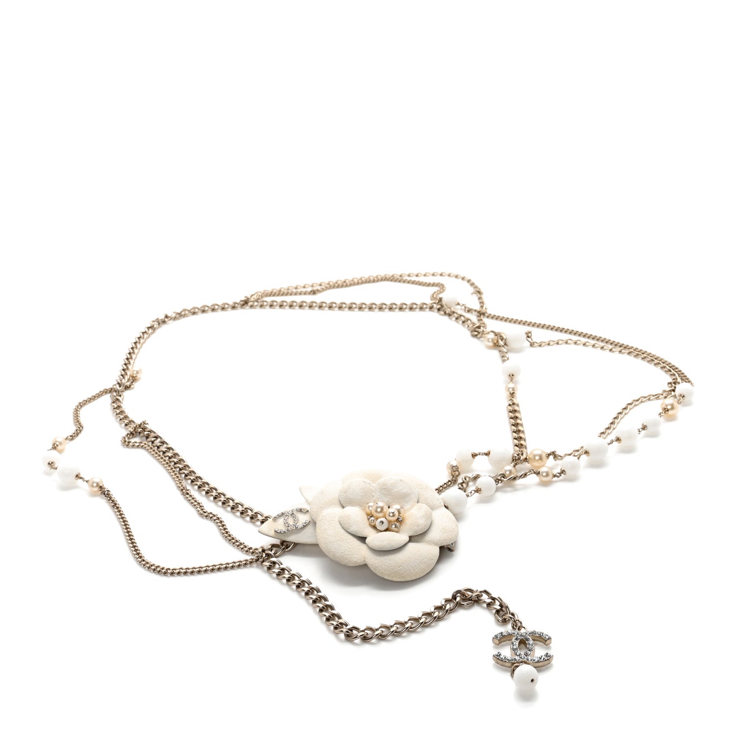 Chanel Pearl Crystal Beaded Camellia Chain Belt Gold White 1 of 7