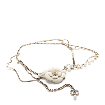 Chanel Pearl Crystal Beaded Camellia Chain Belt Gold White 1 of 7