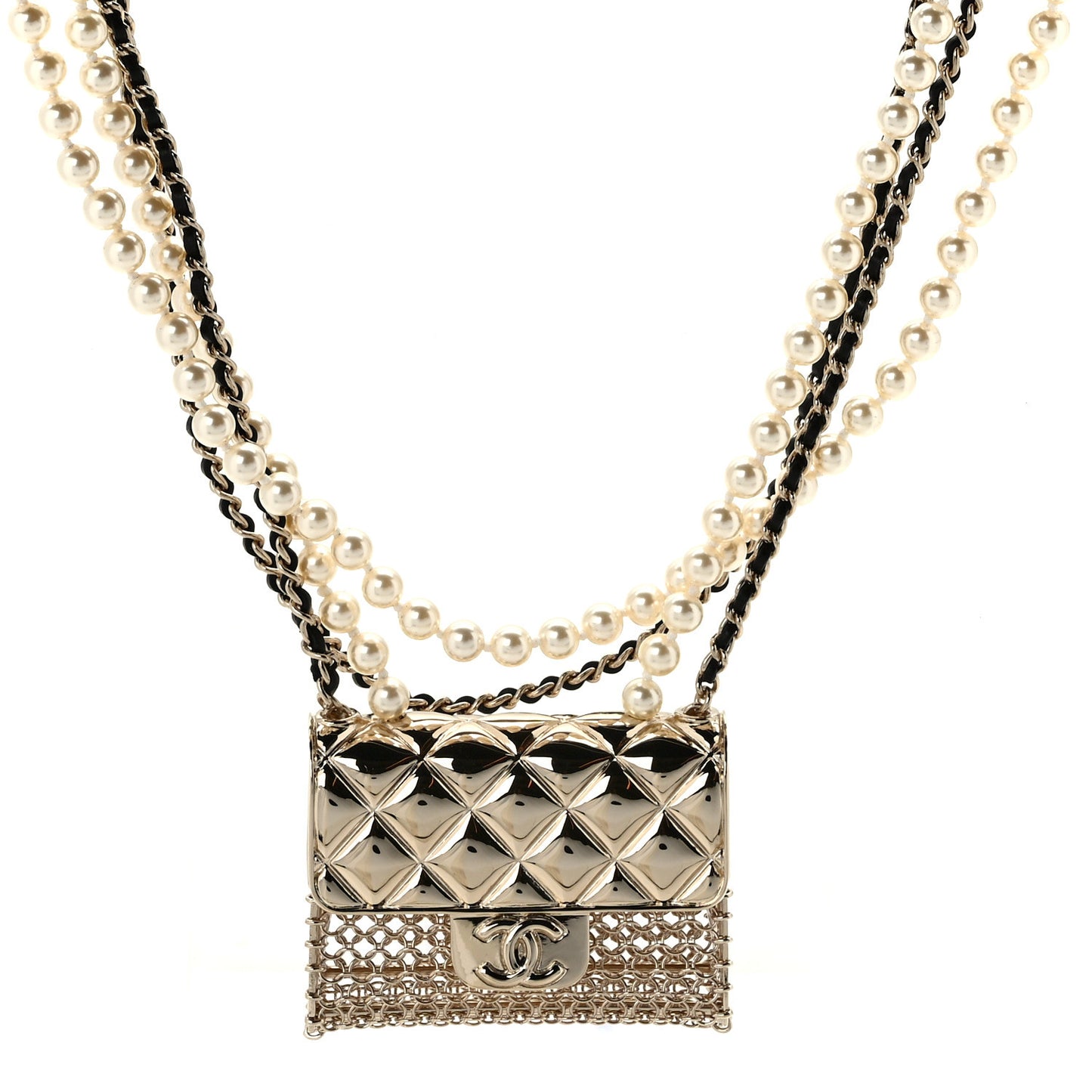 Metal Lambskin Pearl Chain Flap Bag Multi Strand Long Necklace Gold Black Pearly White