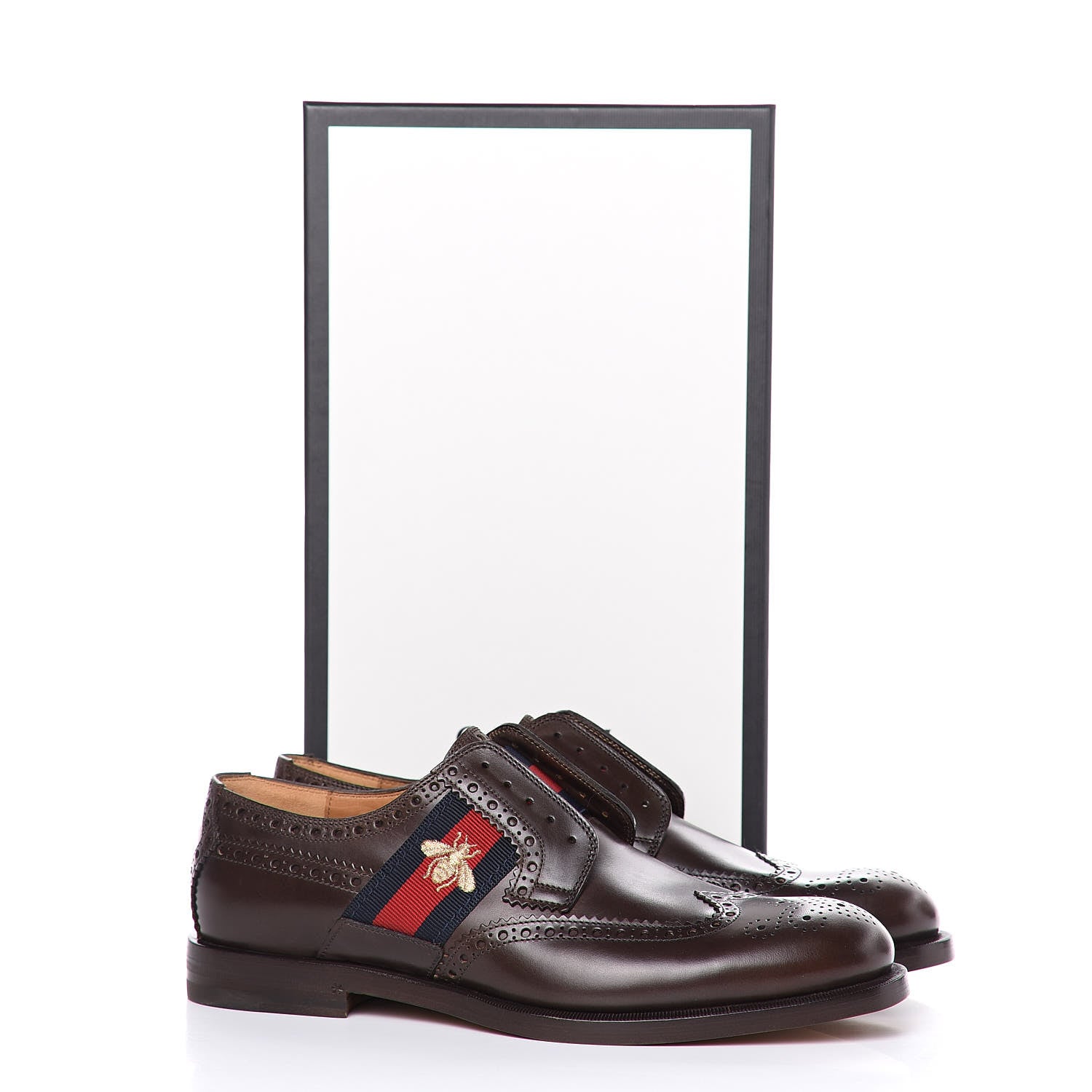 Gucci Calfskin Web Bee Embroidered Mens Slip-On Brogue Wingtip Derby Shoes 7.5 Cocoa 11 of 11