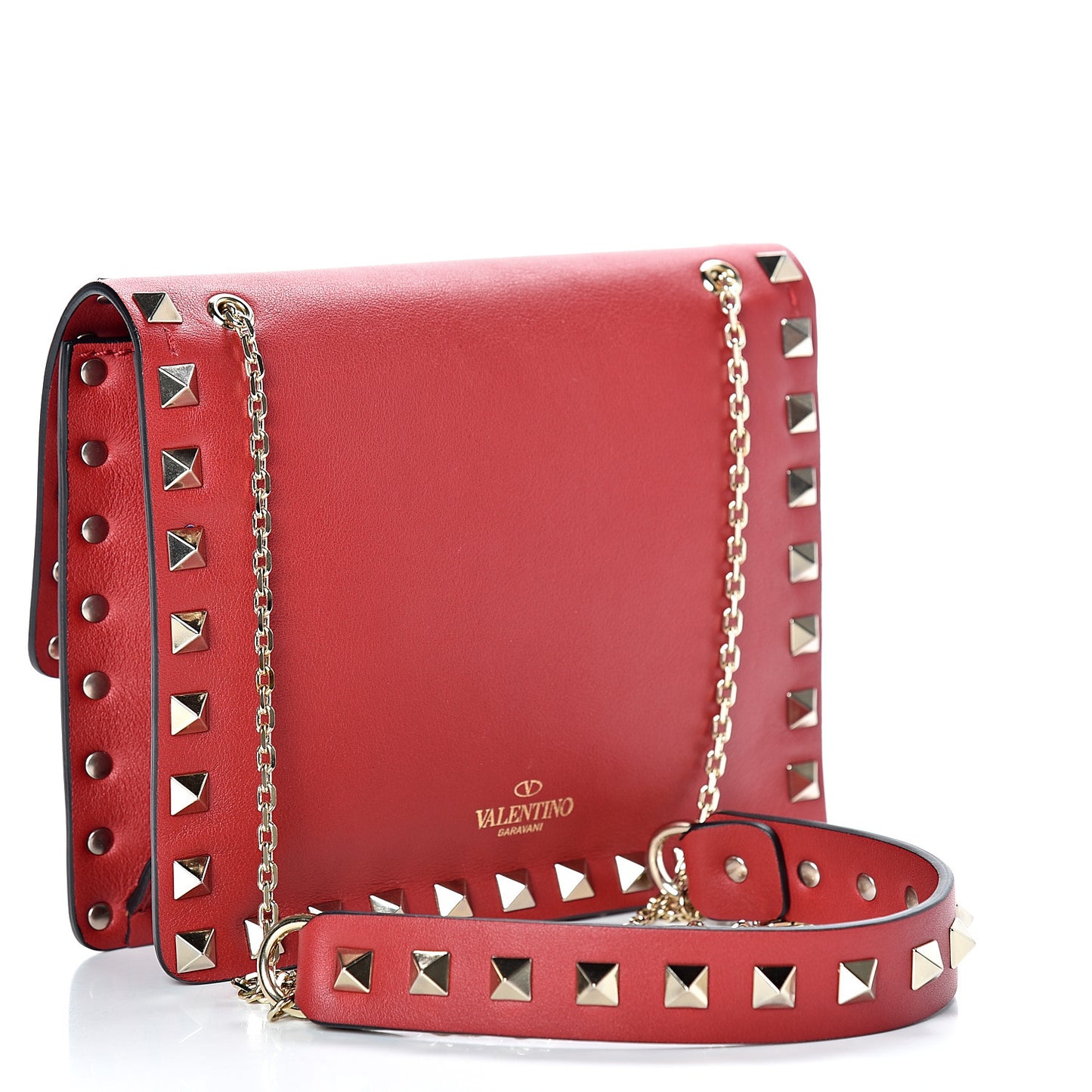 Vitello Rockstud Chain Flap Crossbody Bag Red