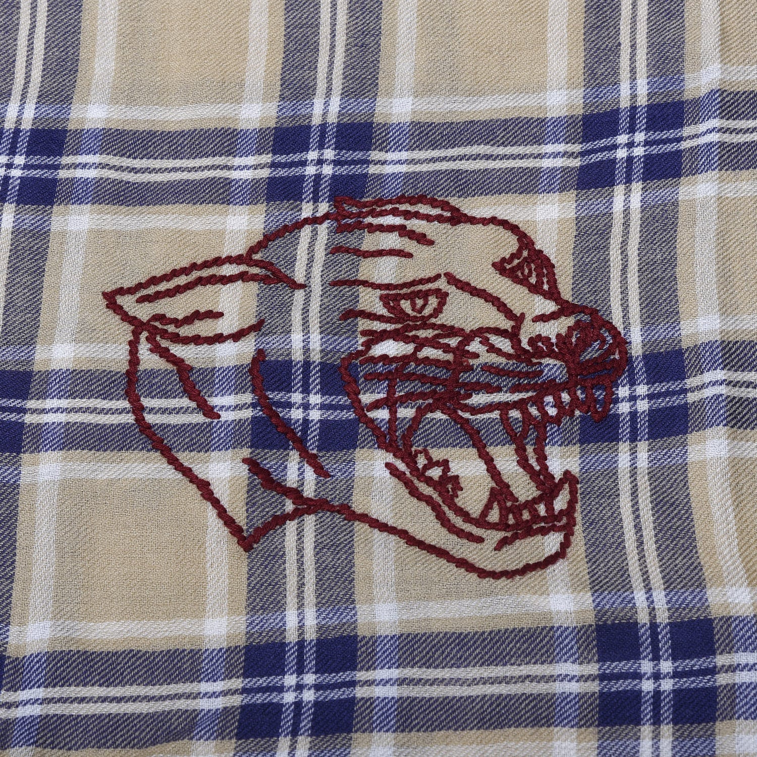 Gucci Wool Tiger Embroidered Plaid Scarf Beige Navy 2 of 3
