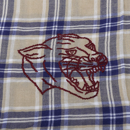Gucci Wool Tiger Embroidered Plaid Scarf Beige Navy 2 of 3