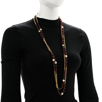Chanel Beaded Pearl CC Long Strand Necklace Gold Red 2 of 6