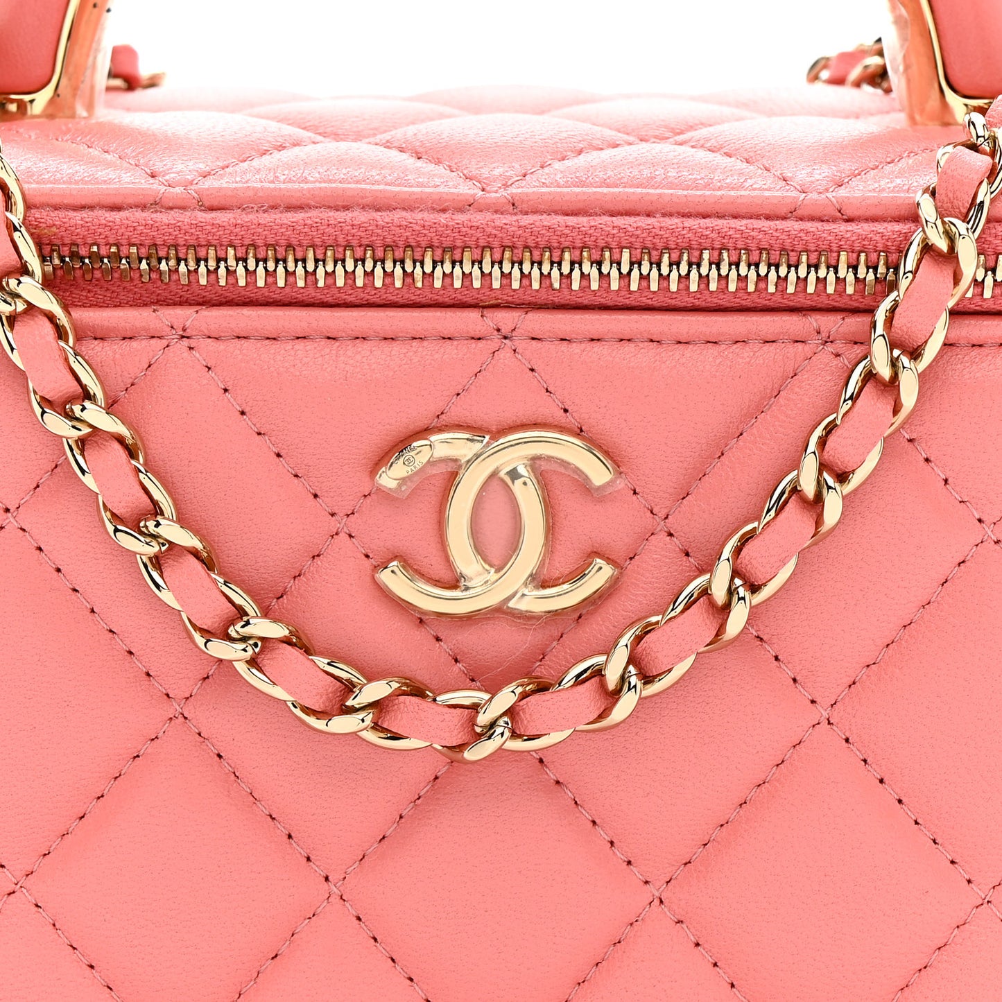 Lambskin Quilted Small Charming Top Handle Vanity Case With Chain Pink