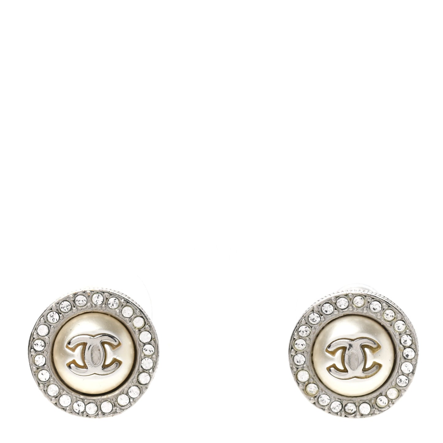 Pearl Crystal CC Round Earrings Silver
