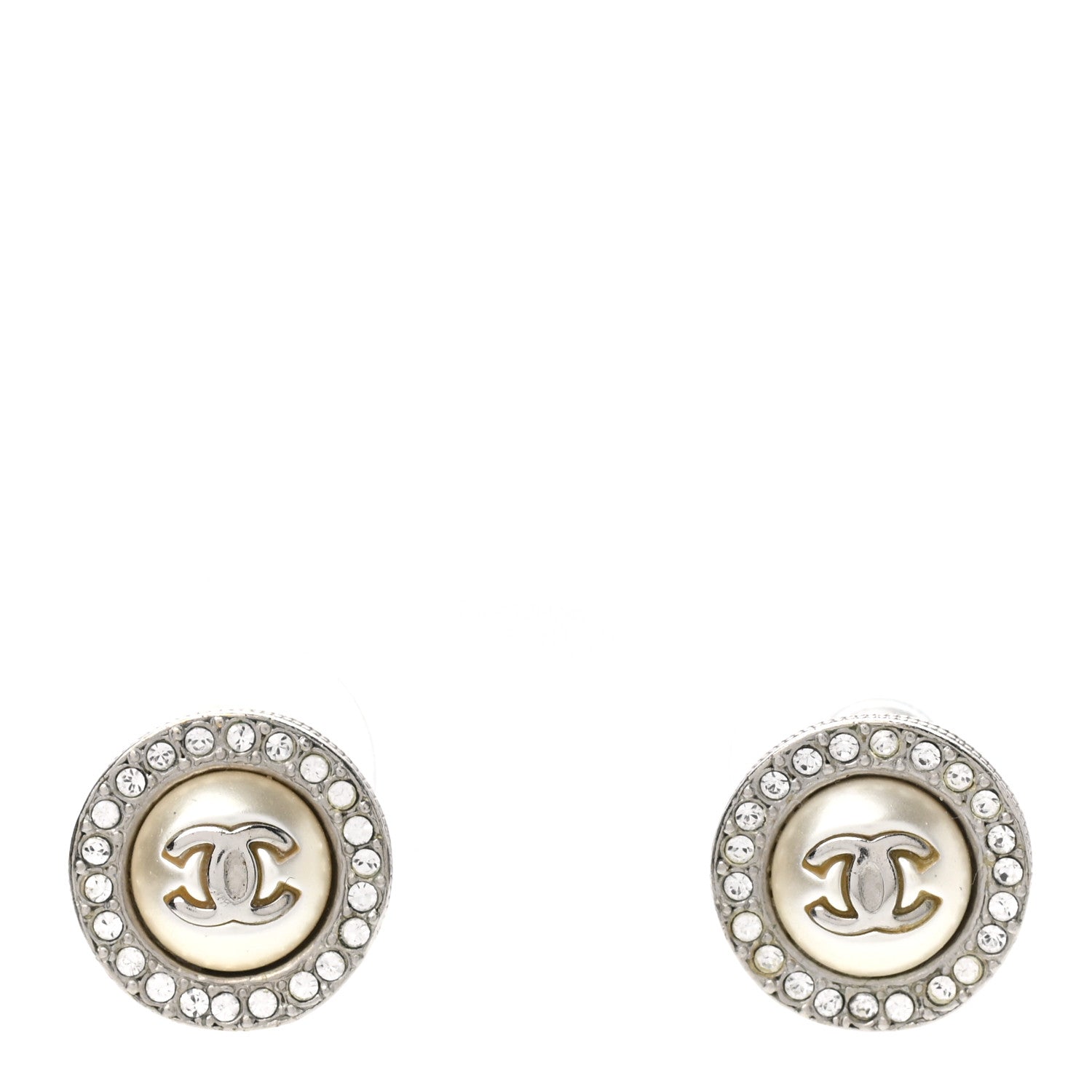 Chanel Pearl Crystal CC Round Earrings Silver 1 of 4