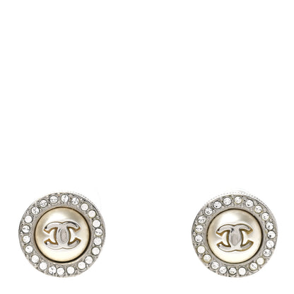 Chanel Pearl Crystal CC Round Earrings Silver 1 of 4
