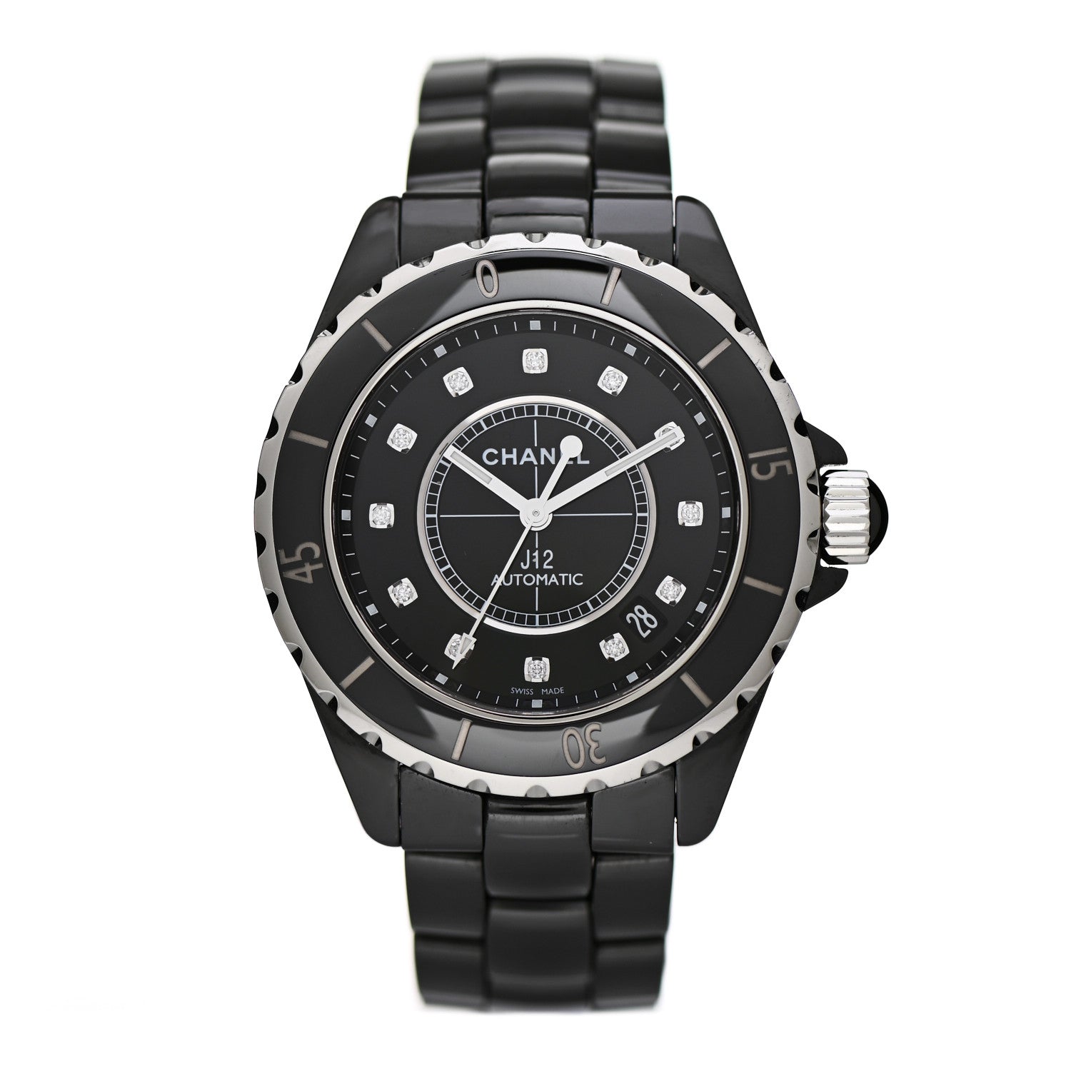 Chanel Stainless Steel Ceramic Diamond 38mm J12 Automatic Watch Black 1 of 4