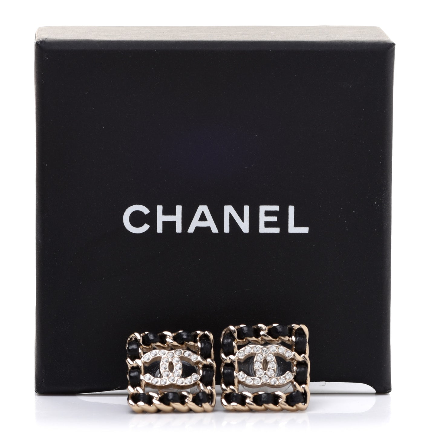 Crystal Lambskin Chain Sergeant Chanel Stud Earrings Black Gold