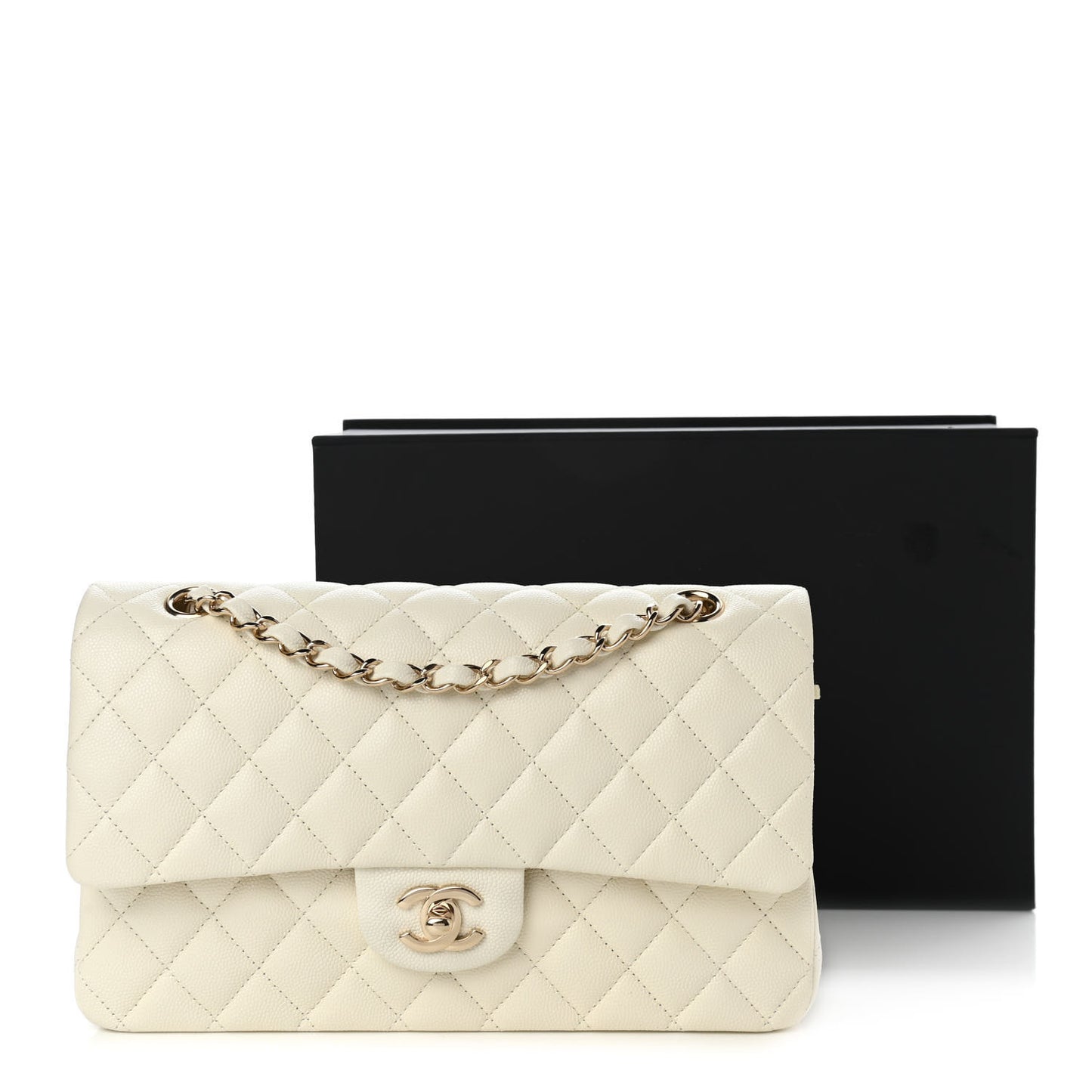 Caviar Quilted Medium Double Flap White
