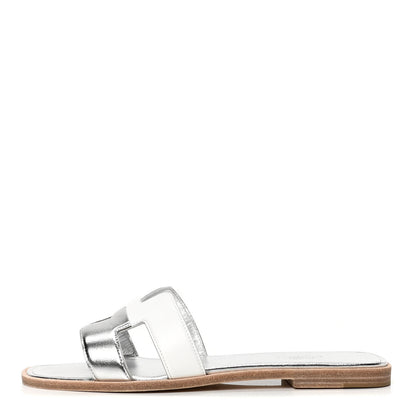 Hermes Metallic Nappa Box Oran Sandals 37.5 White Gris Argente 1 of 6
