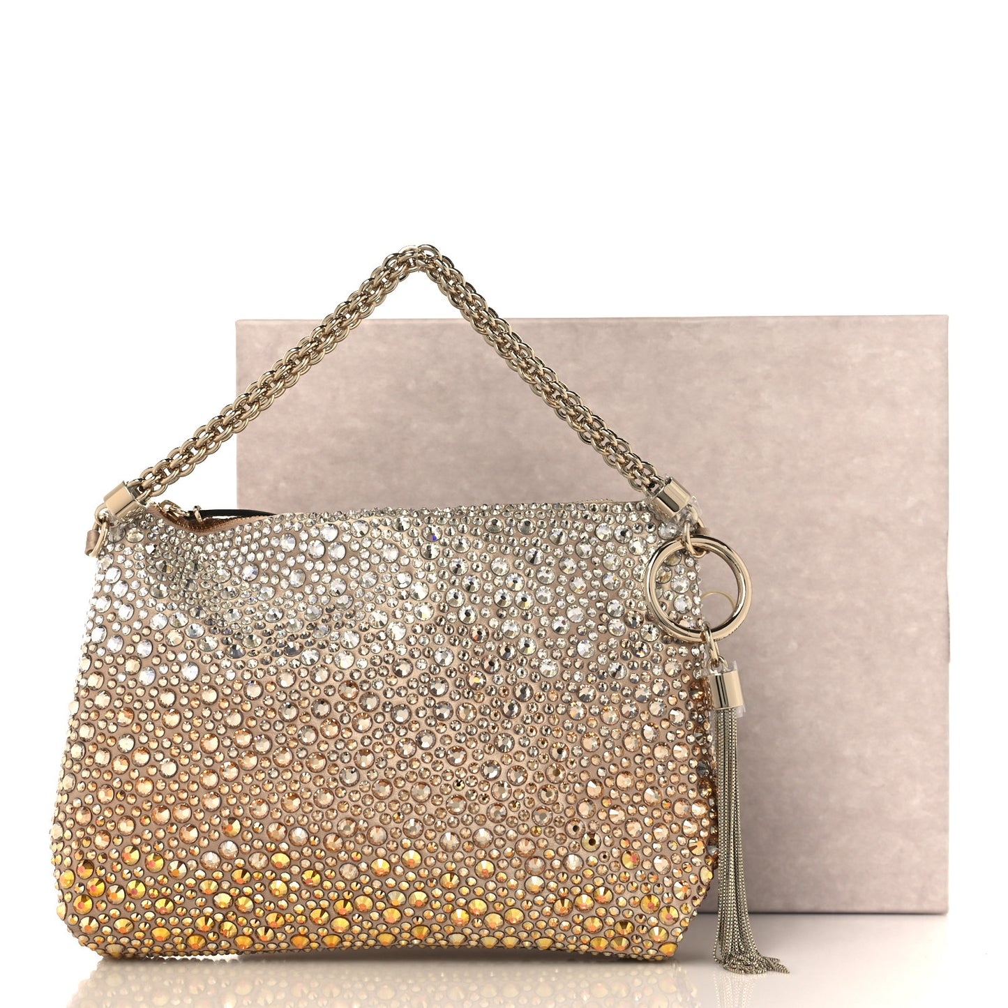 Satin Crystal Embellished Callie Tasseled Clutch Gold