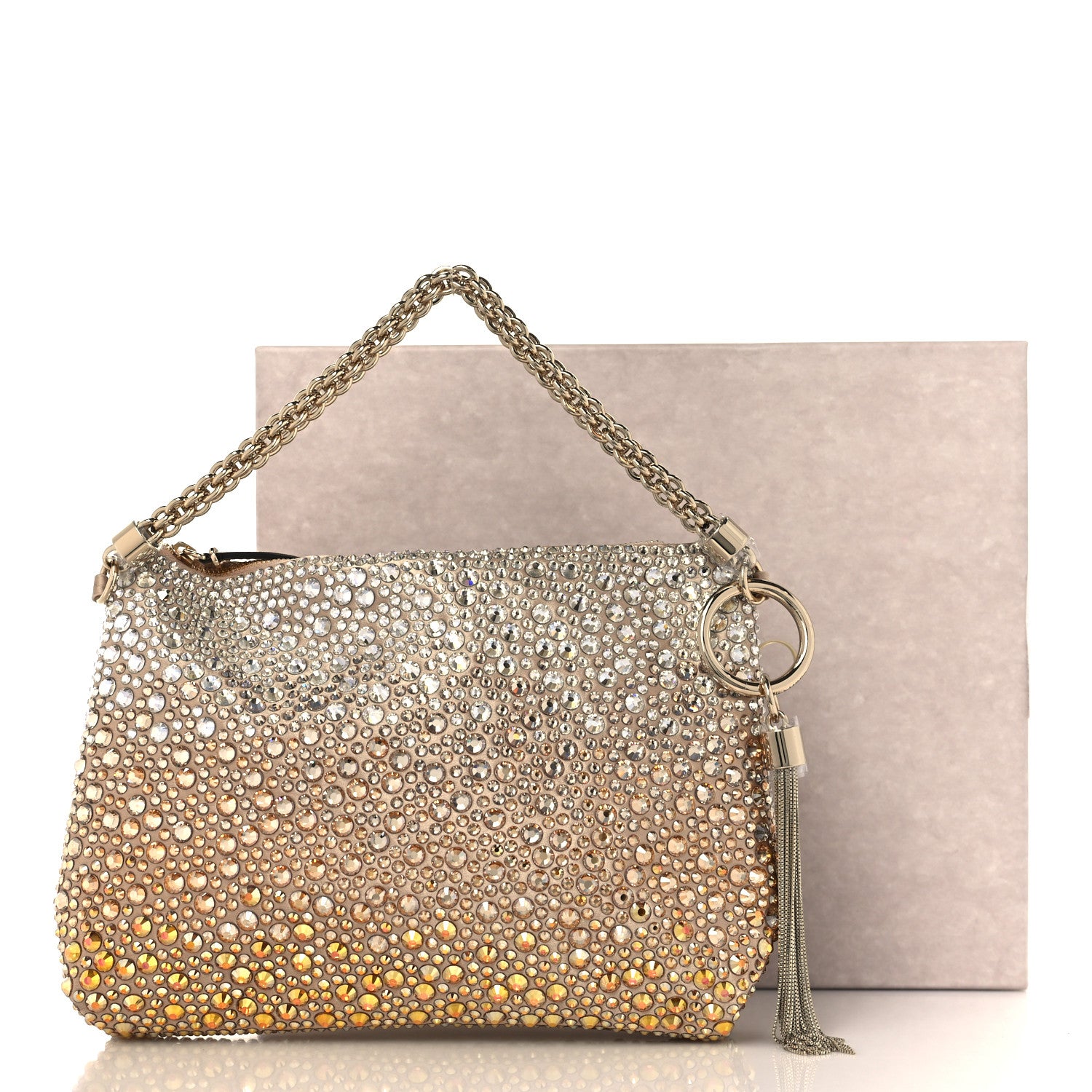 Jimmy Choo Satin Crystal Embellished Callie Tasseled Clutch Gold 9 of 9