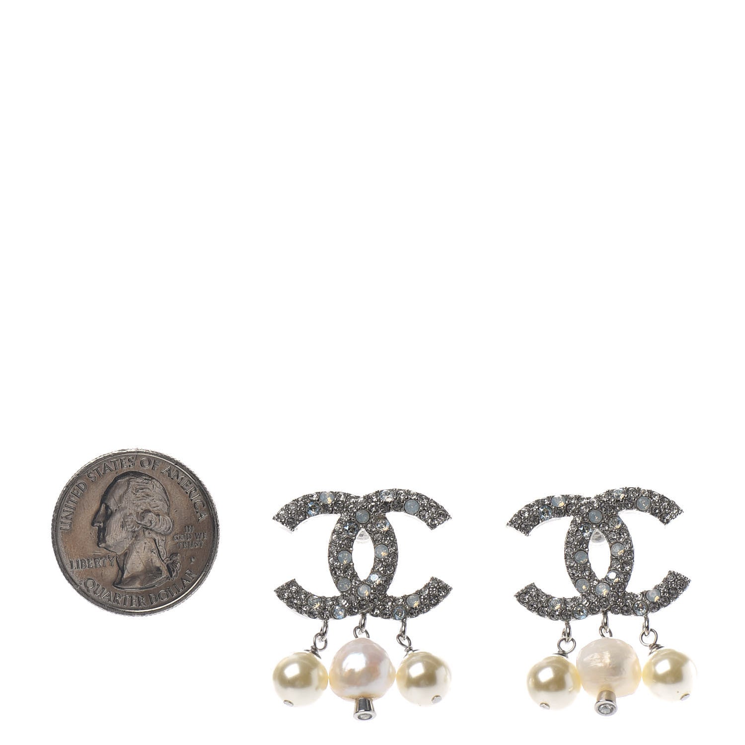 Chanel Crystal Pearl CC Drop Earrings Silver 2 of 4