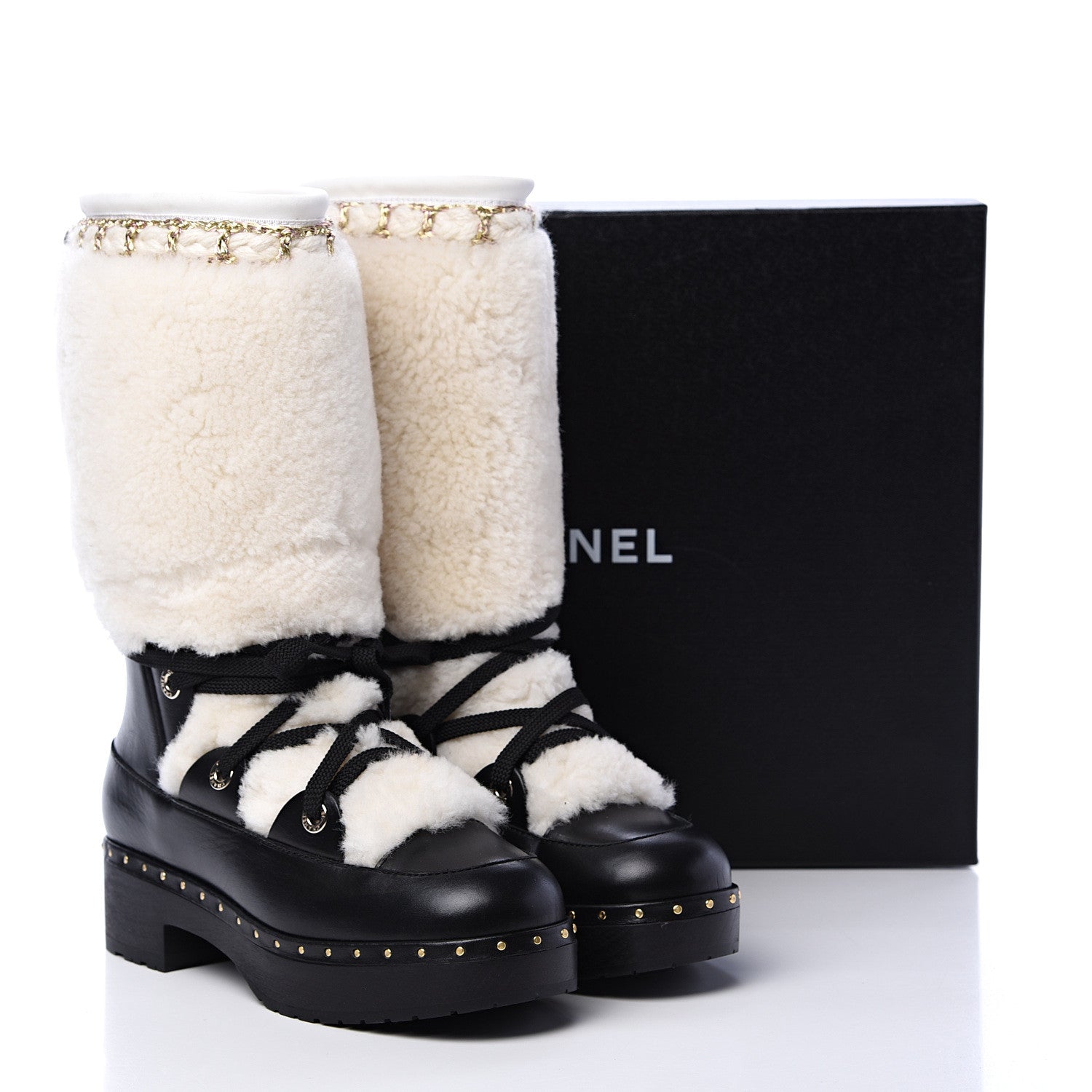 Chanel Shearling Chain Studded CC High Boot 37 Black 7 of 7
