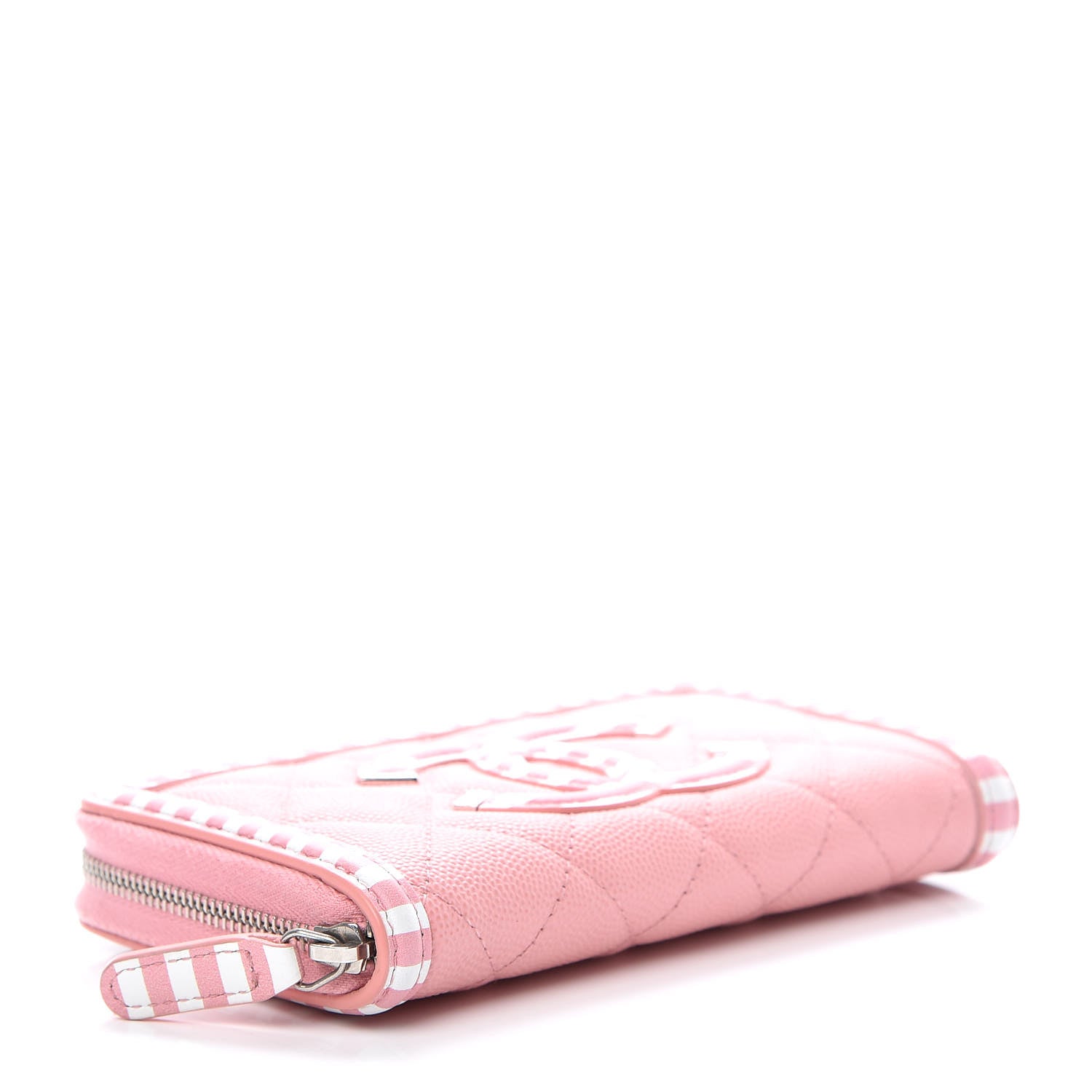 Chanel Caviar Quilted Medium Stripe Filigree Zip Around Wallet Pink White 4 of 9