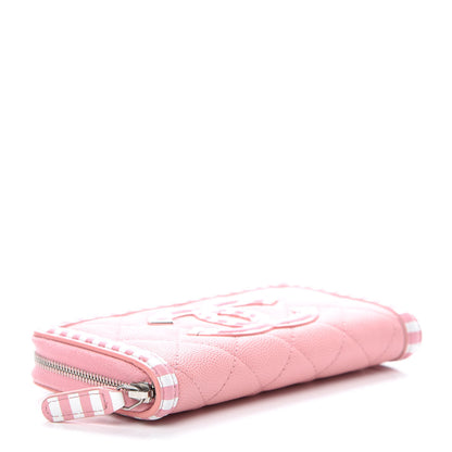 Chanel Caviar Quilted Medium Stripe Filigree Zip Around Wallet Pink White 4 of 9