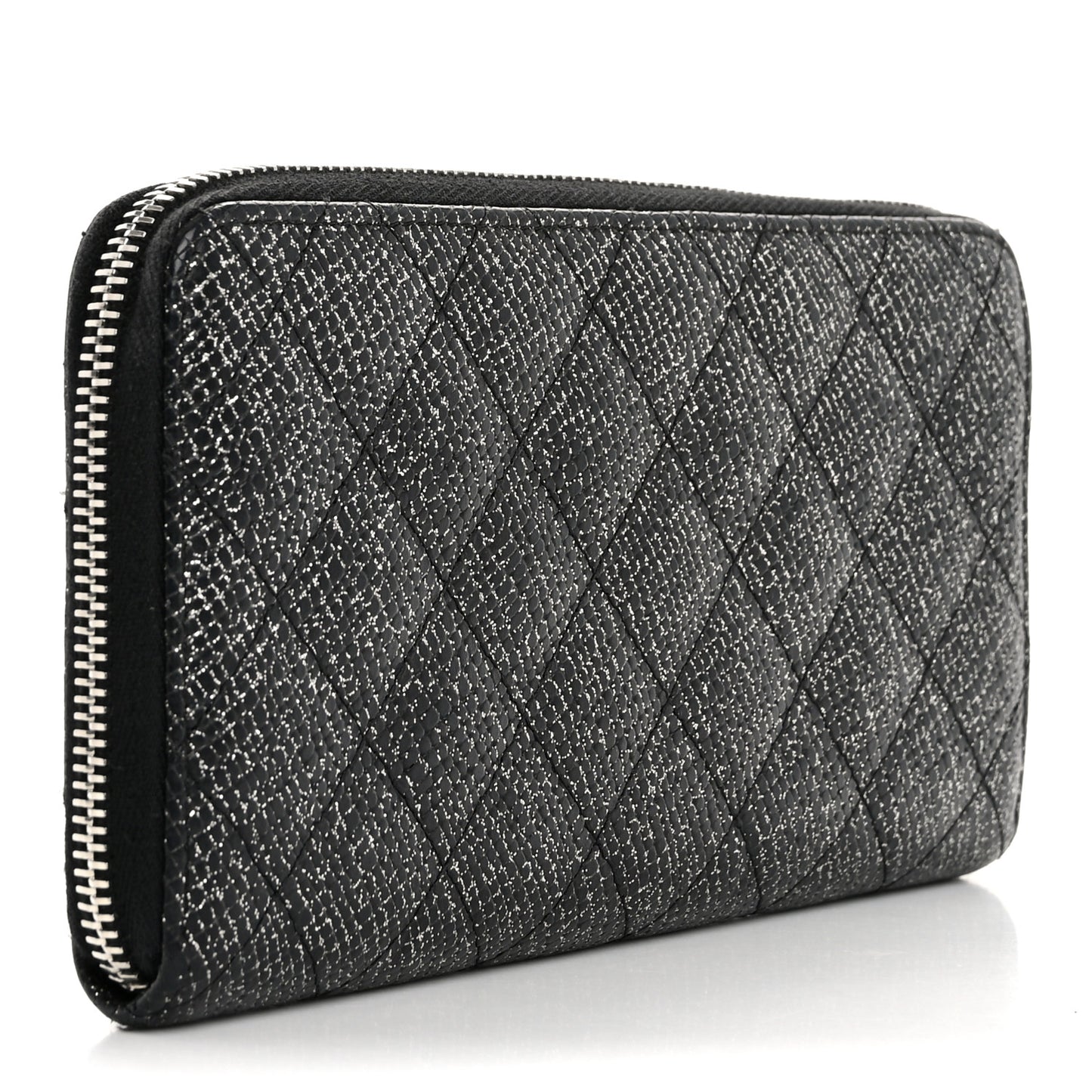 Glittered Calfskin Quilted Large Gusset Zip Wallet Black