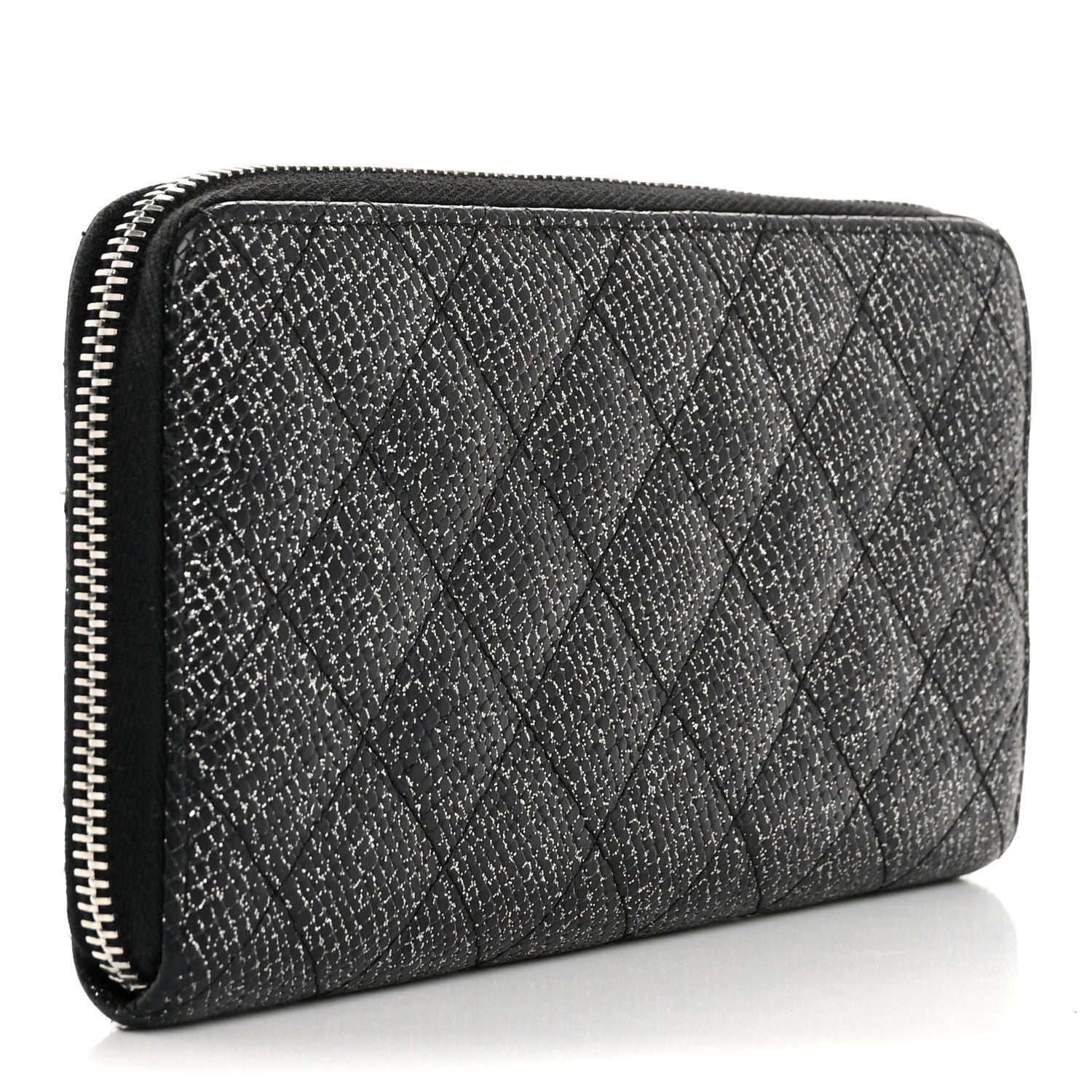 Chanel Glittered Calfskin Quilted Large Gusset Zip Wallet Black 3 of 12