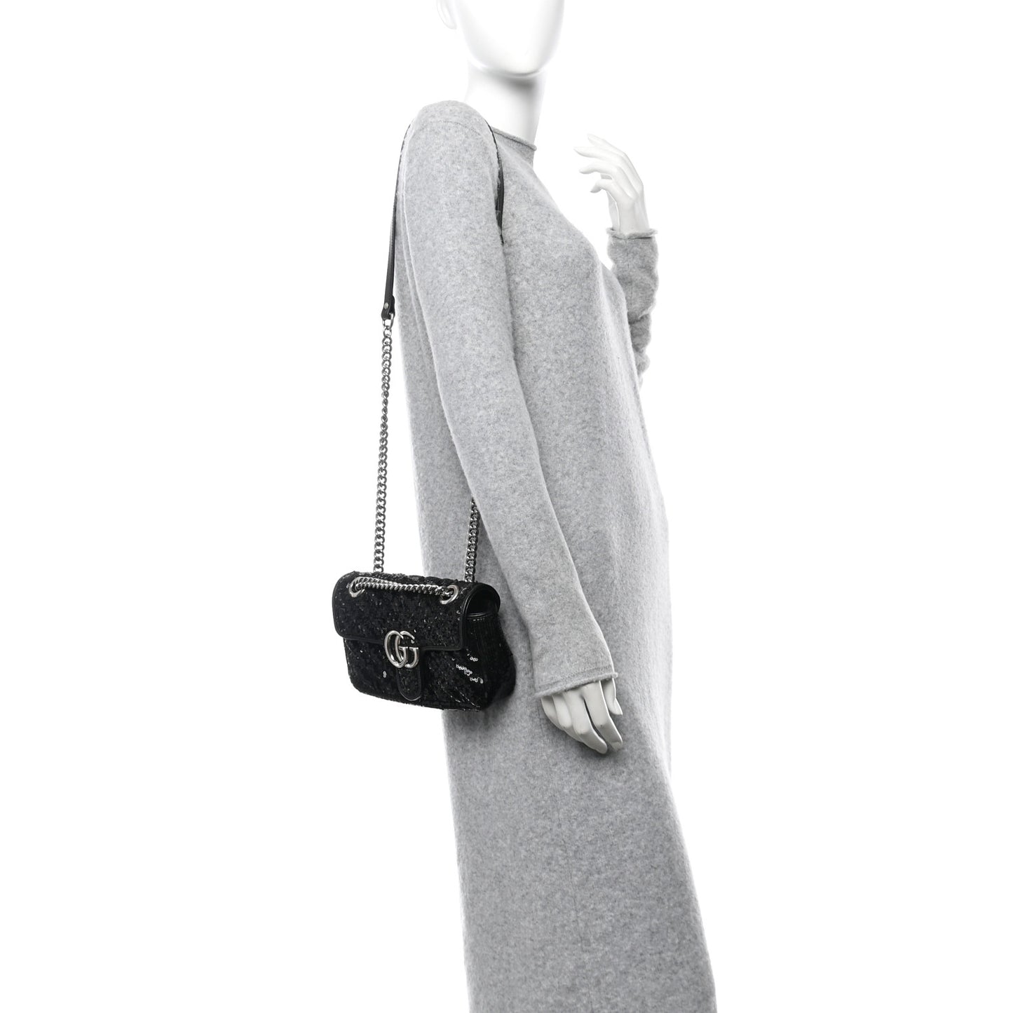 Sequin Matelasse Diagonal Mini GG Marmont Shoulder Bag Black