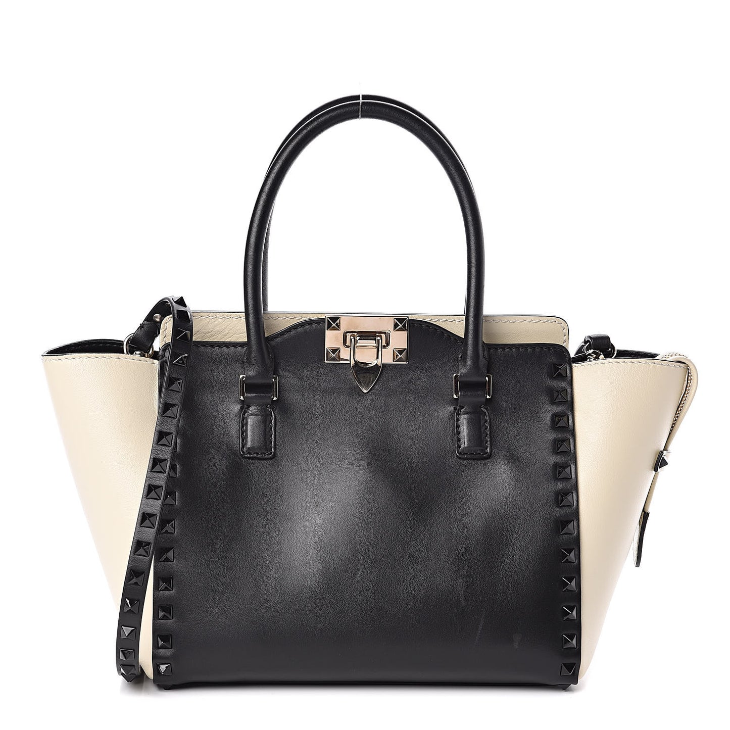Vitello Bi-Color Small Rockstud Double Handle Tote Ivory Black