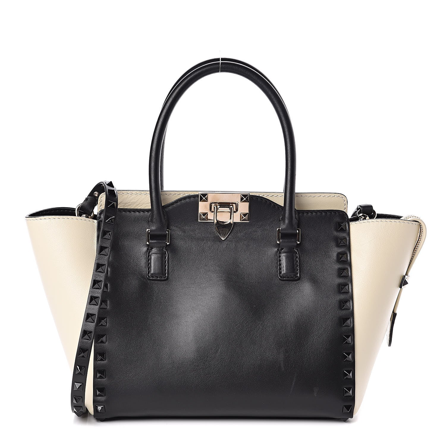 Valentino Garavani Vitello Bi-Color Small Rockstud Double Handle Tote Ivory Black 1 of 12