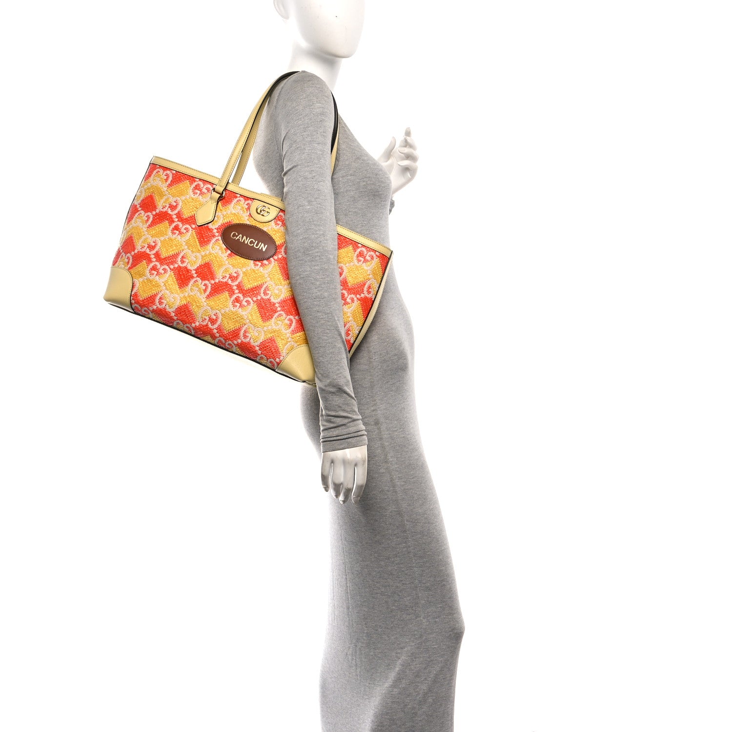 Gucci Straw Textured Dollar Calfskin Cancun Medium Ophidia Shopping Tote Orange Yellow 2 of 11
