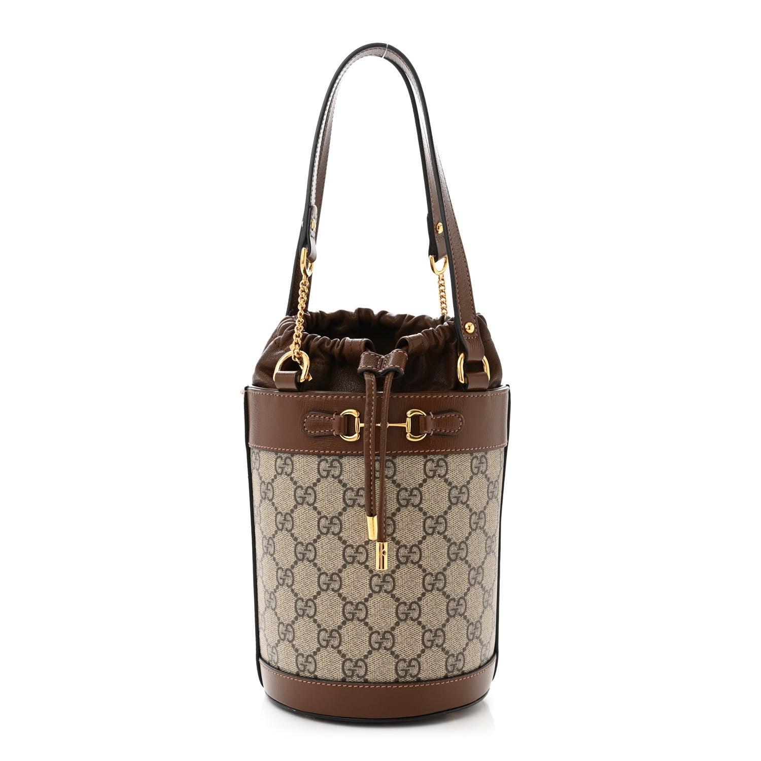 Gucci GG Supreme Monogram Azalea Sakai Calfskin Small Horsebit 1955 Drawstring Bucket Bag Beige Ebony Brown Sugar 1 of 11
