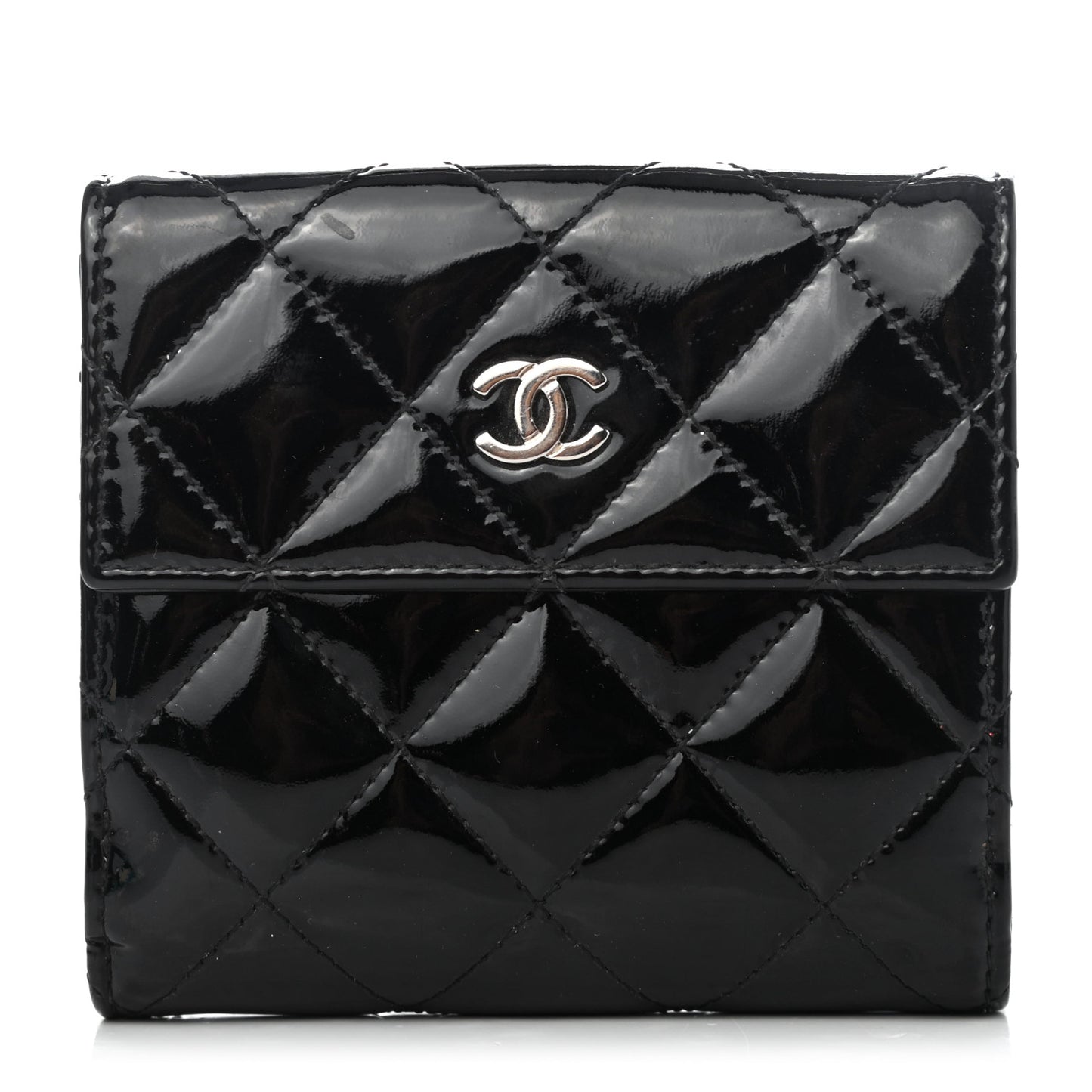 Patent Quilted Compact French Flap Wallet Black