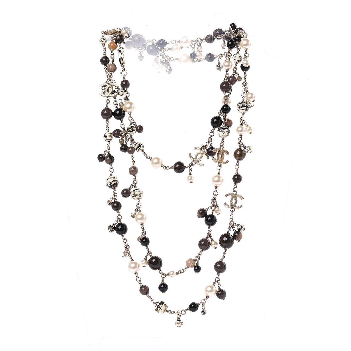 Pearl Crystal Bead CC Long Necklace Black