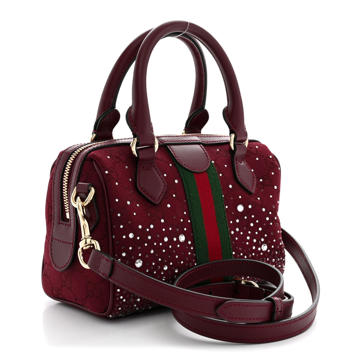 Gucci Crystal Canvas GG Monogram Textured Dollar Calfskin Web Mini Ophidia Top Handle Bowler Bag Rosso Ancora 3 of 11