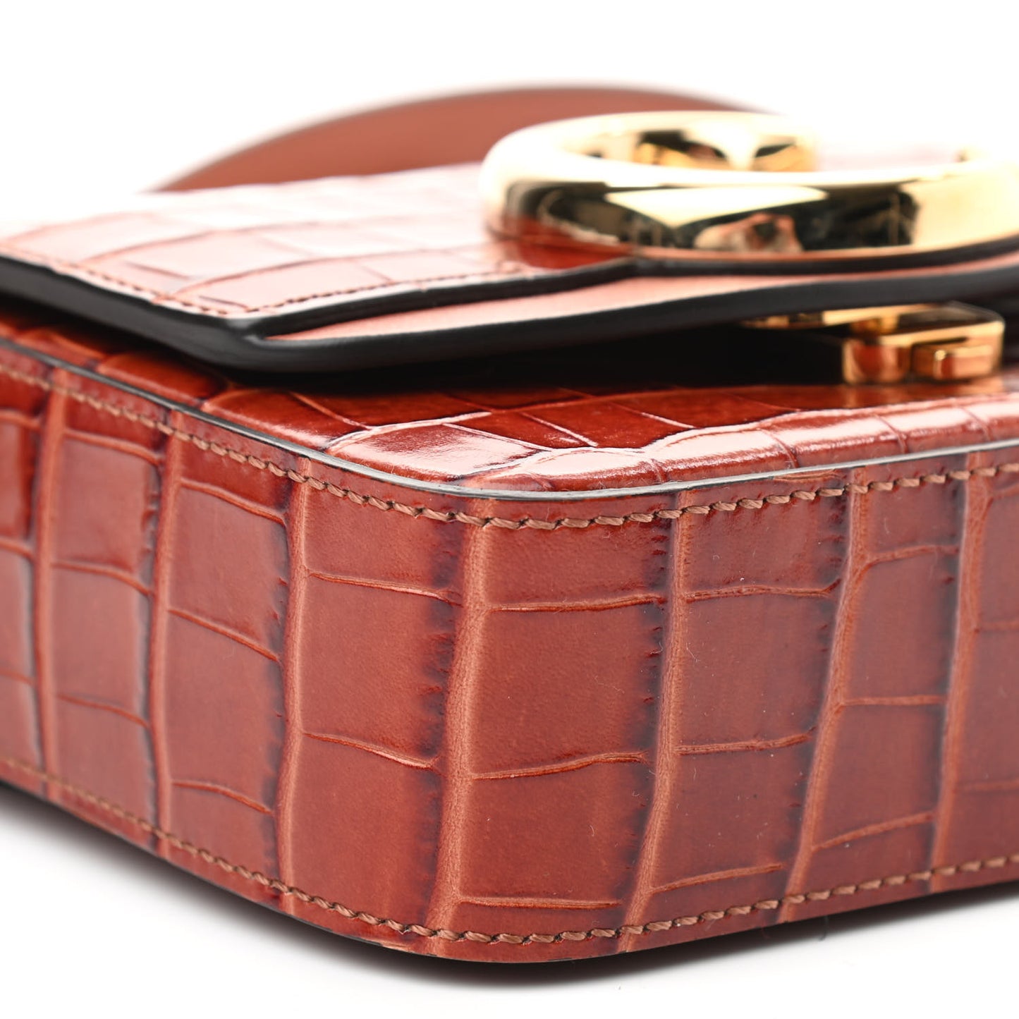 Calfskin Crocodile Embossed Mini C Double Carry Chestnut Brown