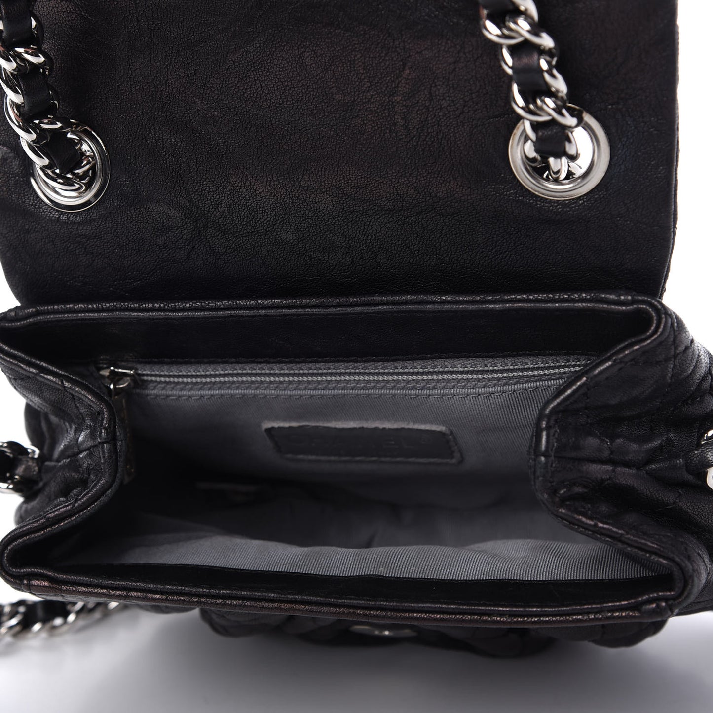 Metallic Washed Lambskin Quilted Mini Chain Around Flap Black