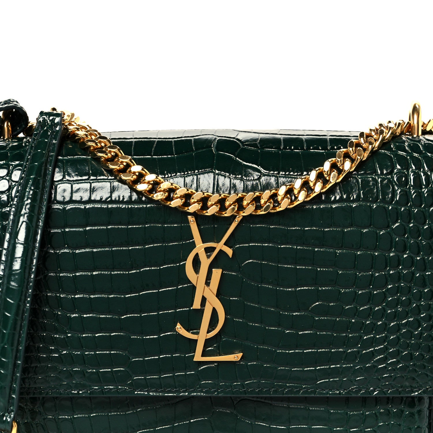Saint Laurent Calfskin Crocodile Embossed Medium Monogram Sunset Dark Green 9 of 12