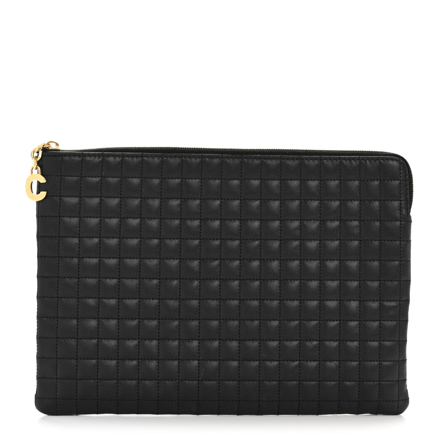 Calfskin Quilted C Charm Pouch Black