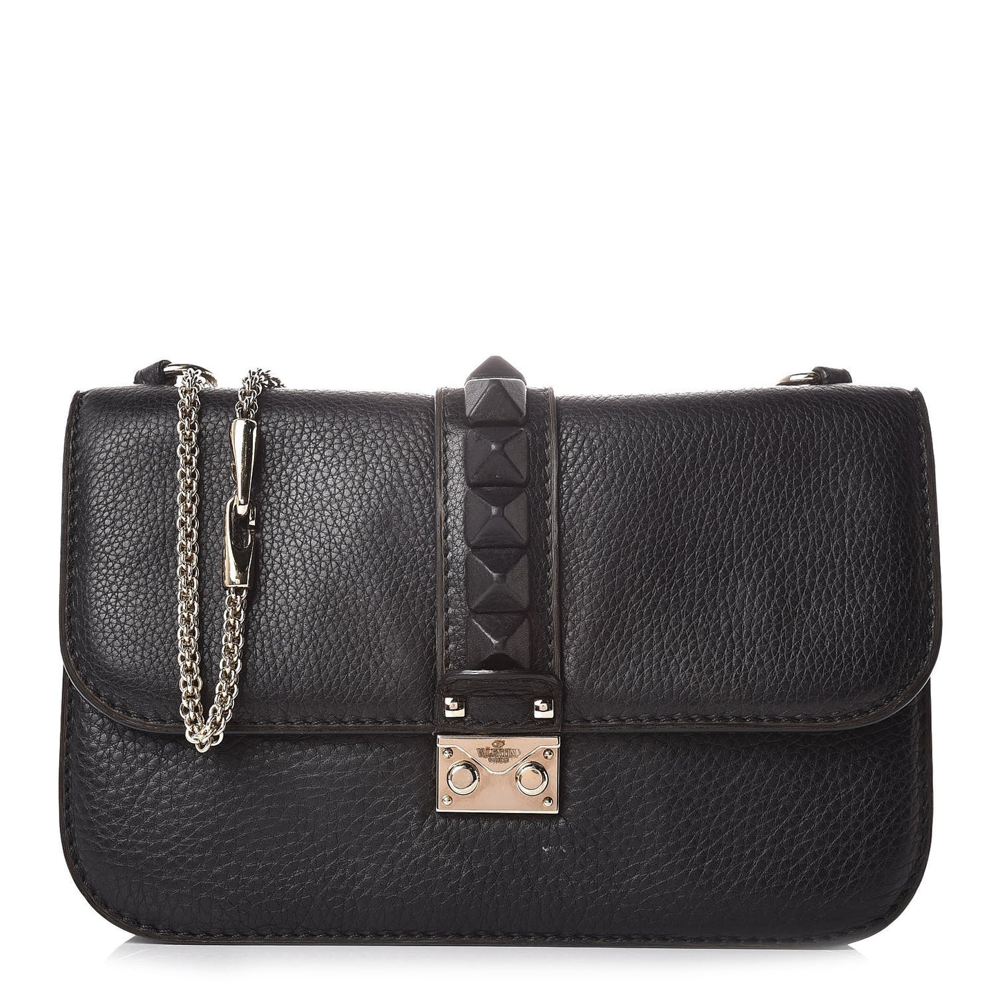 Pebbled Calfskin Medium Glam Lock Rockstud Flap Black