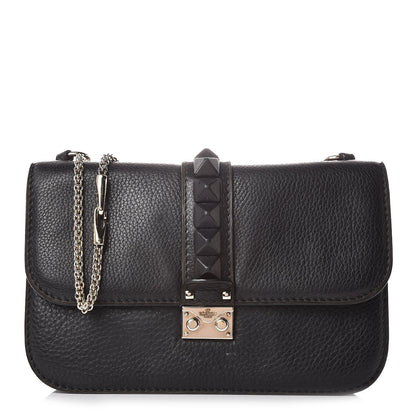 Valentino Garavani Pebbled Calfskin Medium Glam Lock Rockstud Flap Black 1 of 12