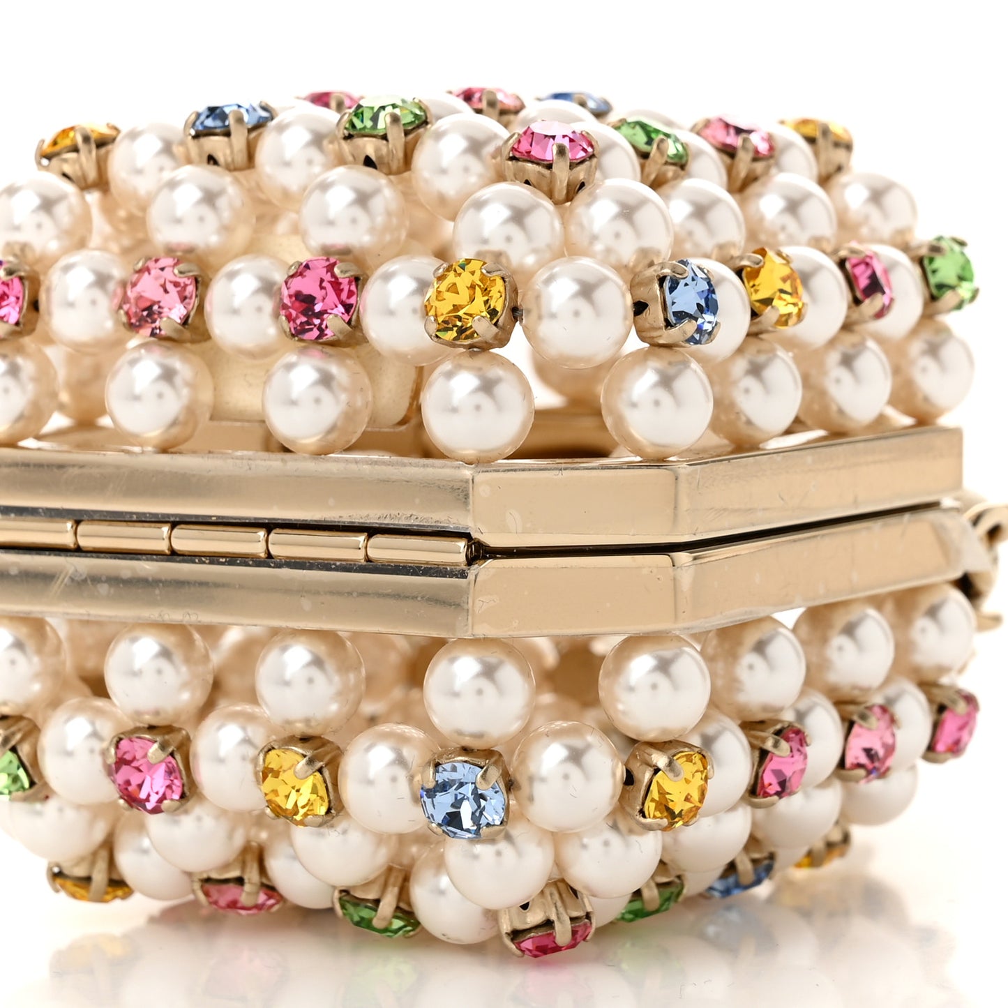 Metal Pearl Minaudiere CC Mini Evening Bag White Gold Multicolor