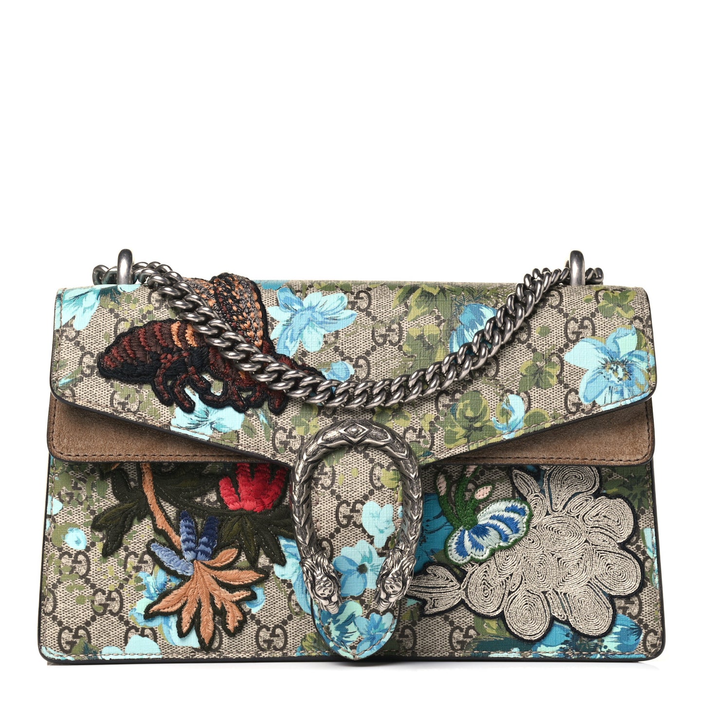 GG Supreme Monogram Blooms Print Embroidered Small Dionysus Shoulder Bag Blue Taupe