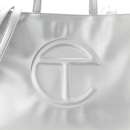 Telfar Metallic Vegan Leather Medium Shopping Bag Silver 9 of 11