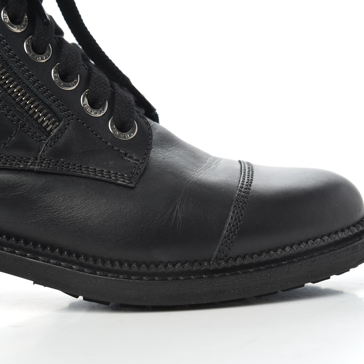 Chanel Calfskin Quilted Lace Up Combat Boots 37 Black 10 of 19