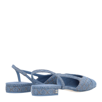 Chanel Denim Quilted Cap Toe CC Slingback Flats 40 Light Blue 5 of 11