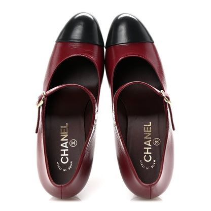 Chanel Shiny Goatskin Cap Toe Mary Jane Pumps 40 Burgundy Dark Grey 2 of 10
