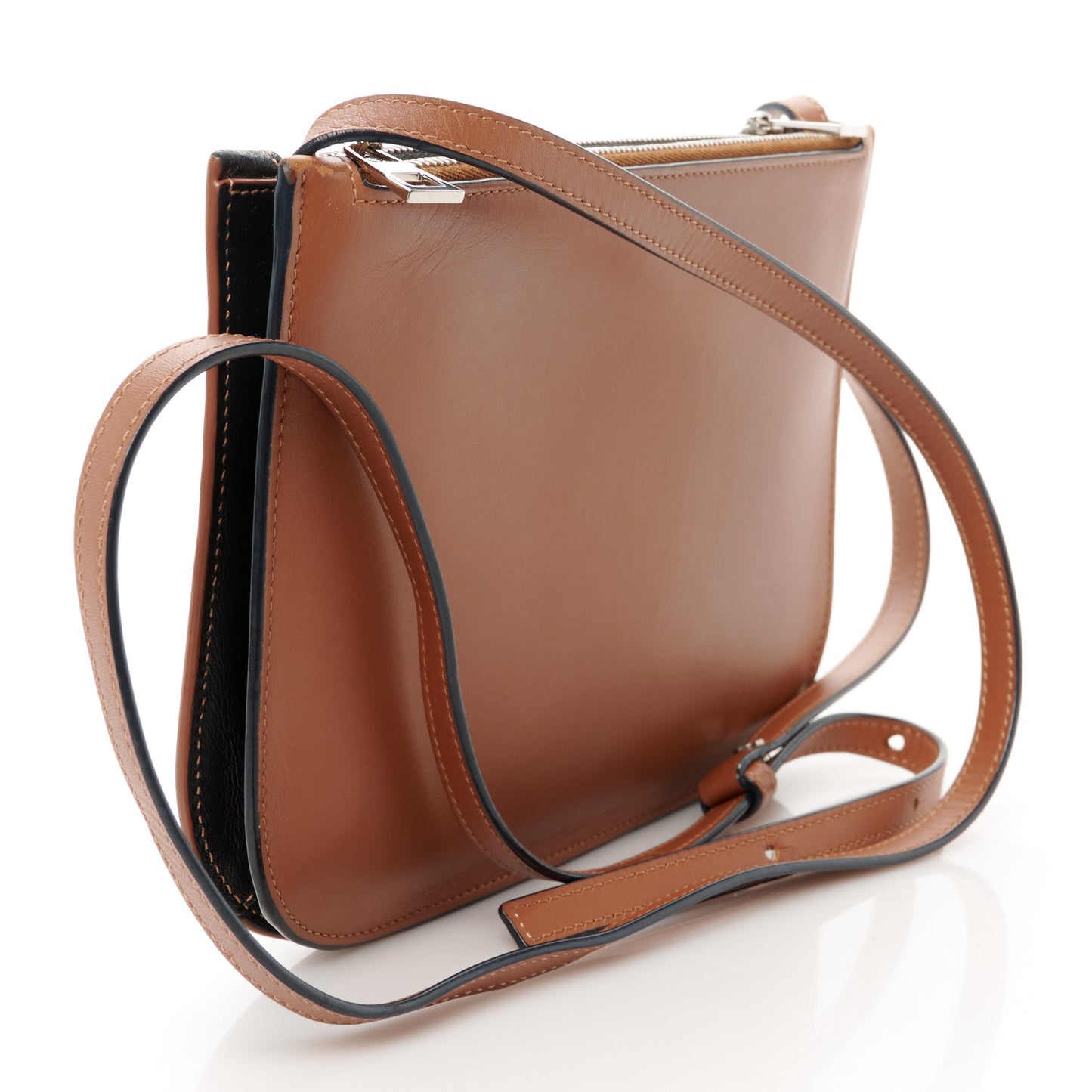 Calfskin Gate Double Zip Pouch Crossbody Black Tan