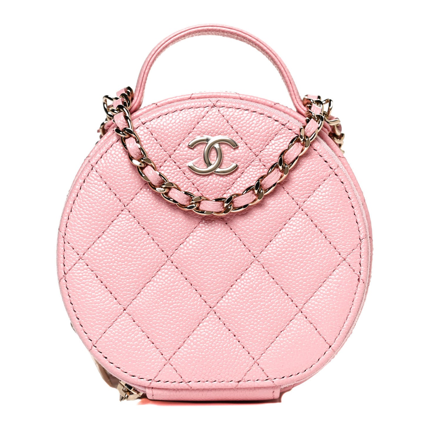Caviar Quilted Round Handle With Care Vanity With Chain Pink