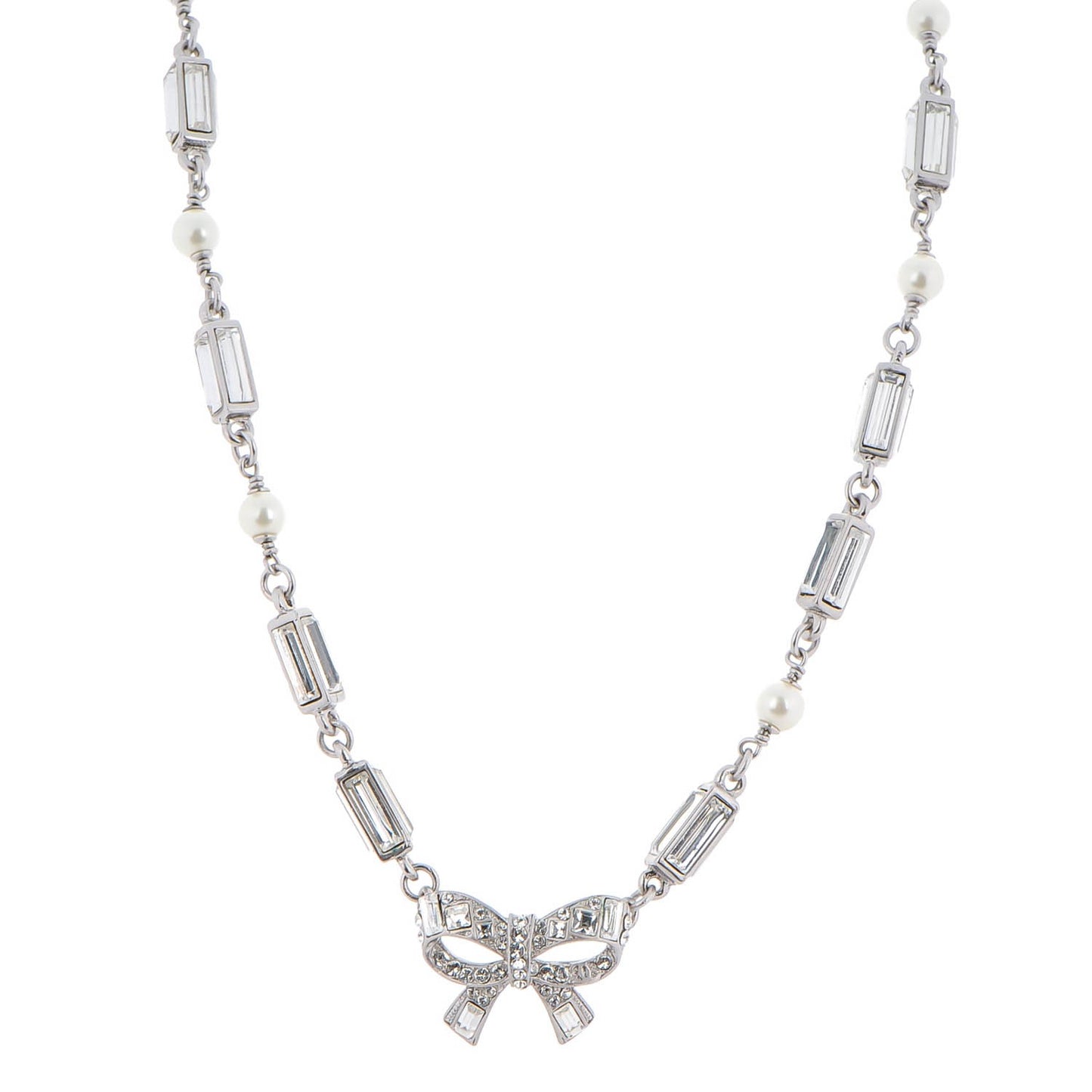 Crystal Baguette Pearl Bow Necklace Silver