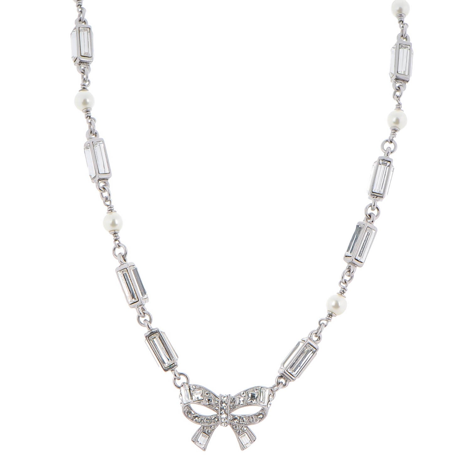Chanel Crystal Baguette Pearl Bow Necklace Silver 1 of 6