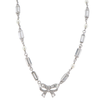 Chanel Crystal Baguette Pearl Bow Necklace Silver 1 of 6